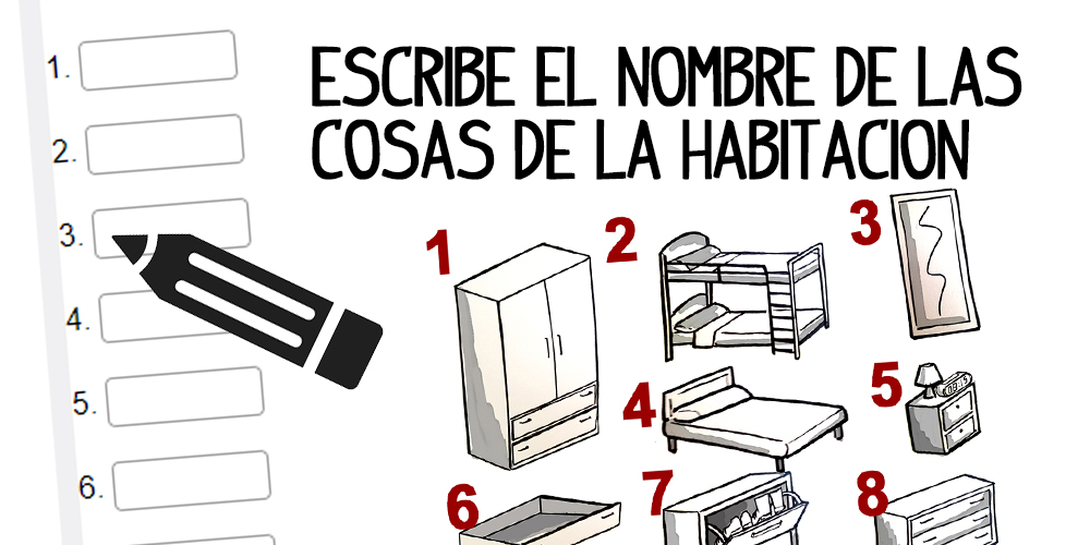 ejercicio vocabulario español, escribe el nombre de los elementos del dormitorio